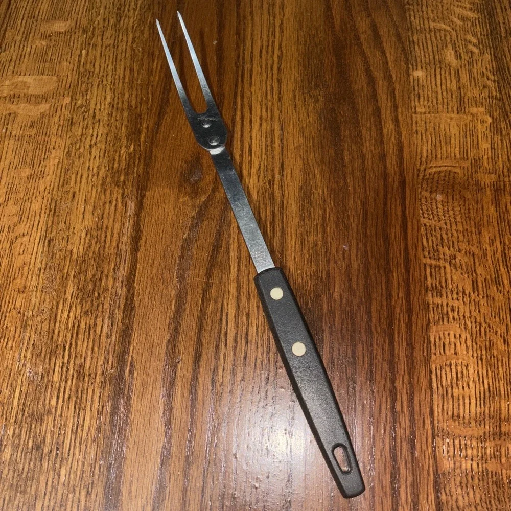 Vtg Ekco Forge Meat Fork Carving Serving 11.5 Black Riveted Handle Stainless USA